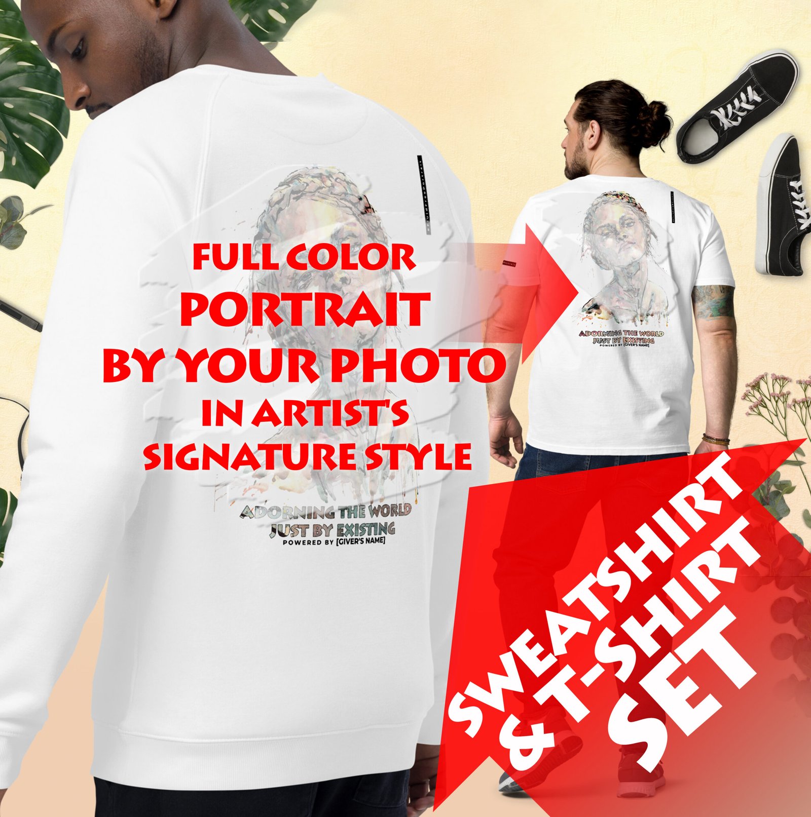 Sweatshirt and T-Shirt Set, Best Custom Gift for Any Occasion, Birthday Anniversary Present, Full Color Portrait by Photo, Sweatshirt Set